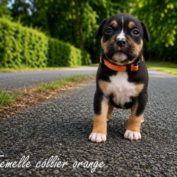 1er chiot (Portée Izy ❤ Yoko 2026) - Femelle tricolore noir Collier orange Femelle American Bully