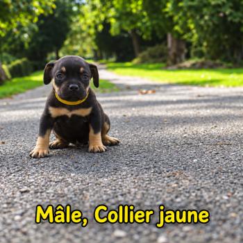 7e chiot (Portée Unknown mommy ❤ Unknown daddy) - Mâle tricolore noir collier jaune Mâle American Bully
