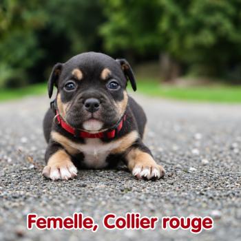 3e chiot (Portée Unknown mommy ❤ Unknown daddy) - Femelle Tricolore noir collier rouge Femelle American Bully